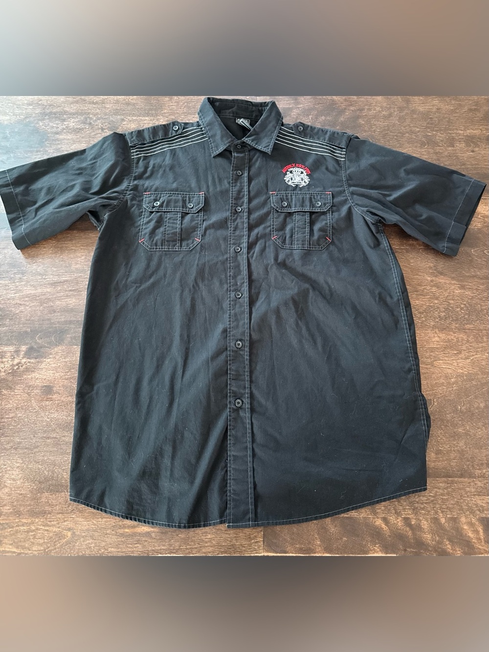 Avirex Black Short-Sleeve Button-Up Shirt with Embroidered Crest